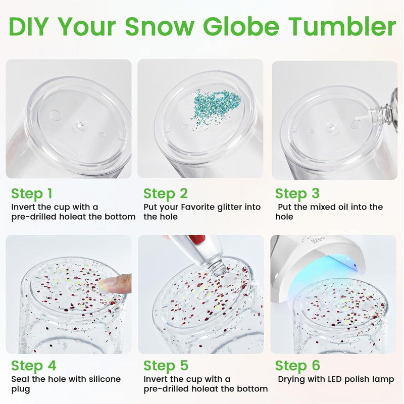 20Pack 40oz Clear Double Wall Plastic Snowglobe Cup Acrylic Snow Globe Tumbler with Pre Drilled Hole and Stoppers