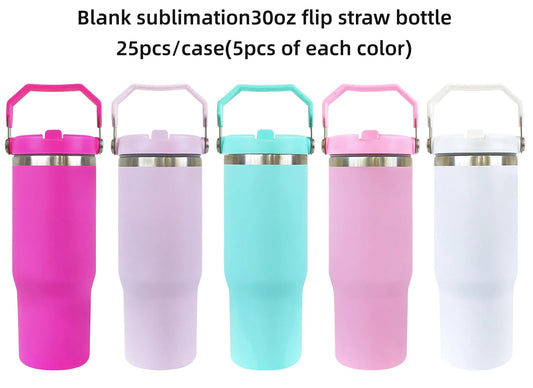 Case of 25Pack 30oz Sublimation Matte Stainless Steel Insulated Sports Water Bottle Macaron Flip Straw with Handheld