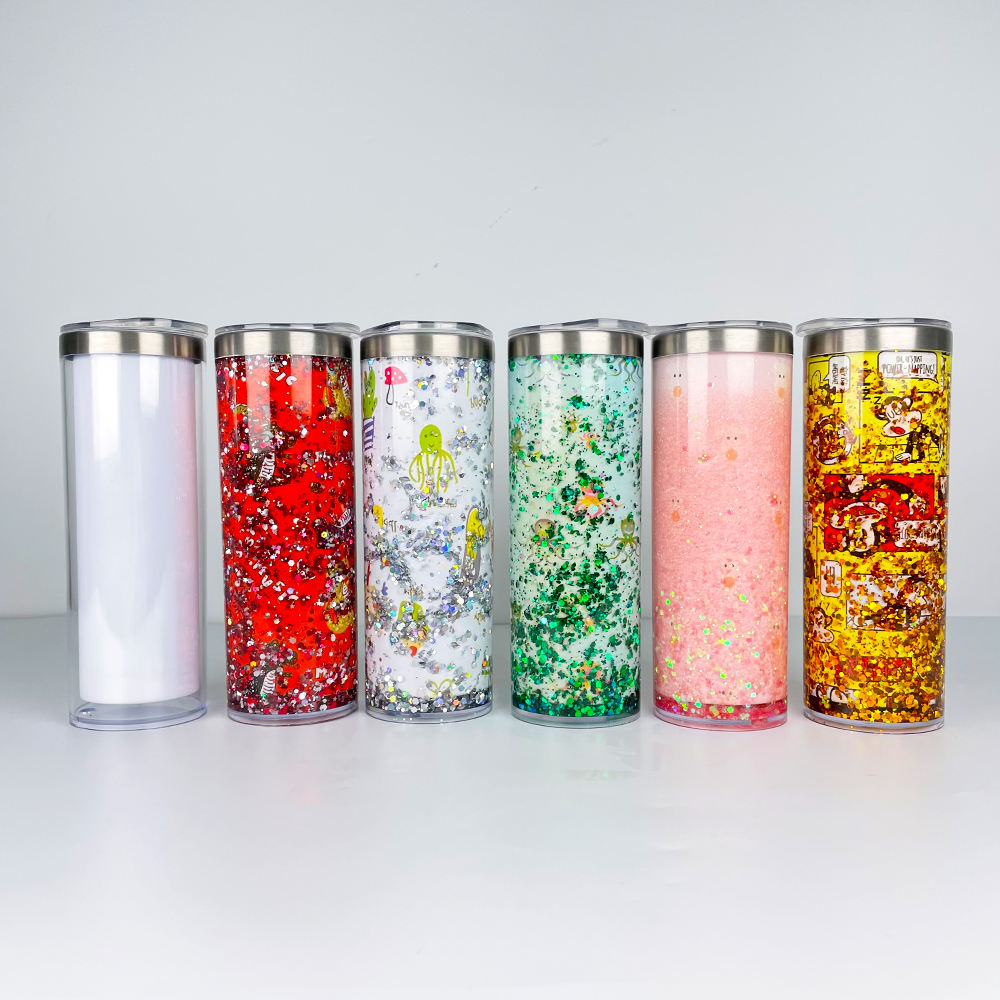 25Pack 20oz Double Wall Sublimation printing Snow Globe Stainless Steel Acrylic Pre Drilled Snowglobe Straight Tumbler with Lid