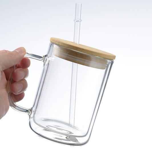 15oz CASE (25 UNITS) Double Wall Glass Cup Blank Sublimation Skinny Straight Snow Globe with Handle