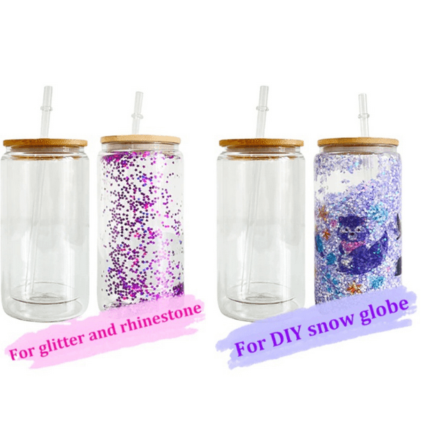 16oz /20oz CASE (25 UNITS) Double Wall  Glass Cup Blank Sublimation Skinny Straight Snow Globe With Lid And Straw