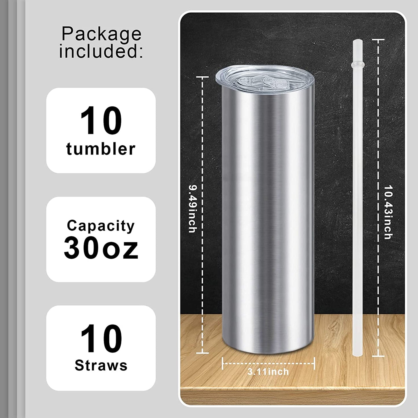 20oz (24unit) Skinny Silver Sublimation Tumblers Blanks Tumbler Cups With Lid And Plastic Straw