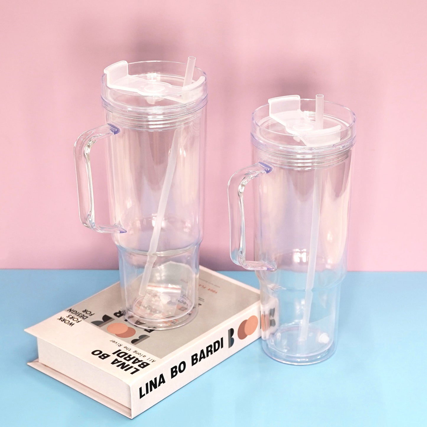 20Pack 40oz Clear Double Wall Plastic Snowglobe Cup Acrylic Snow Globe Tumbler with Pre Drilled Hole and Stoppers