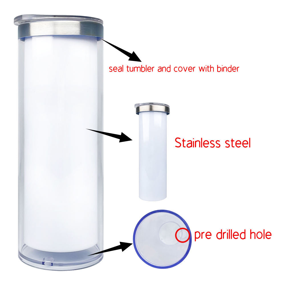 25Pack 20oz Double Wall Sublimation  printing Snow Globe Stainless Steel  Acrylic Pre Drilled Snowglobe Straight Tumbler with Lid